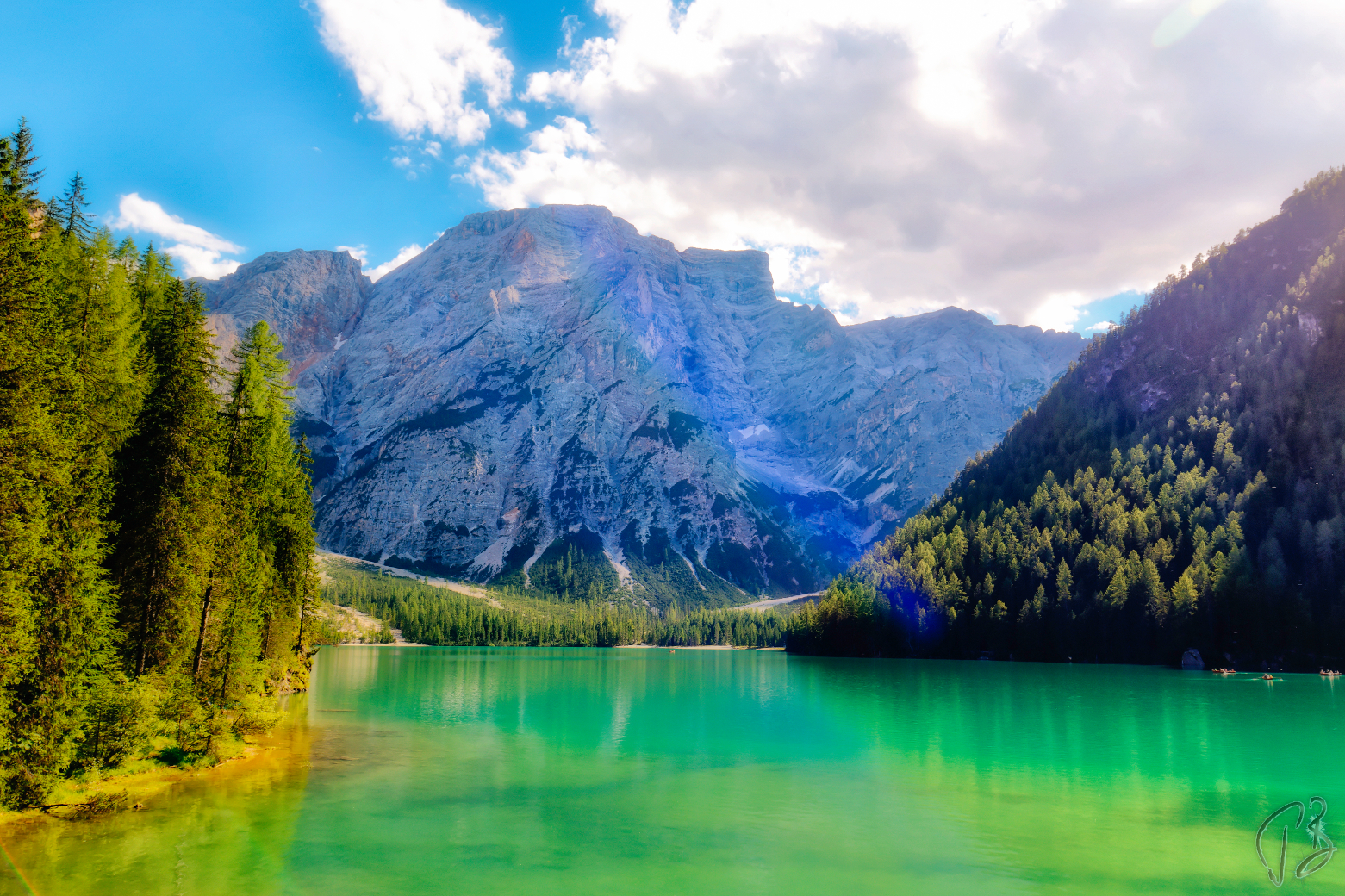 Lago di Braies with a shining mountain 